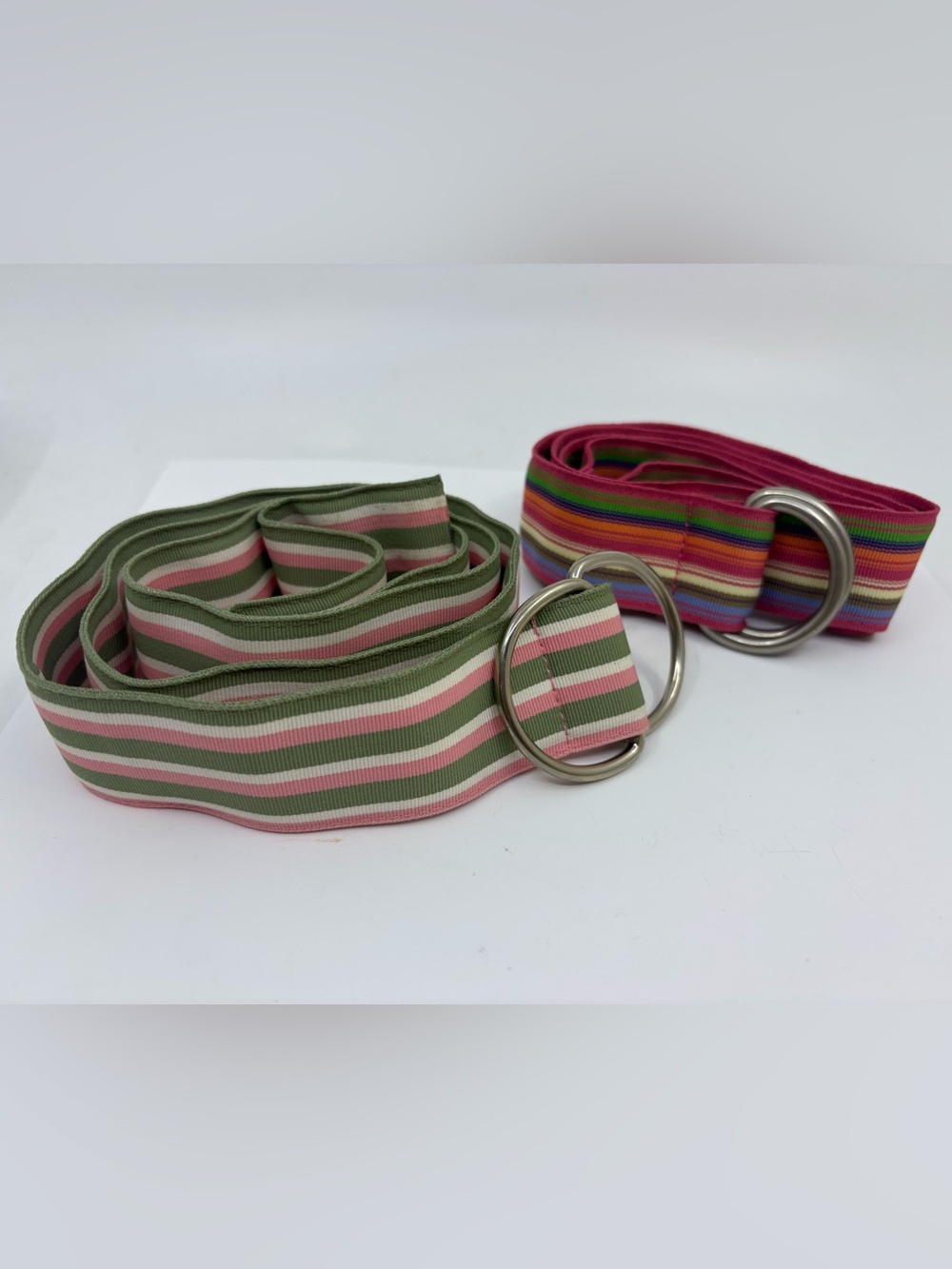 Striped Double-Ring Fabric Belt - Pink & Olive Green